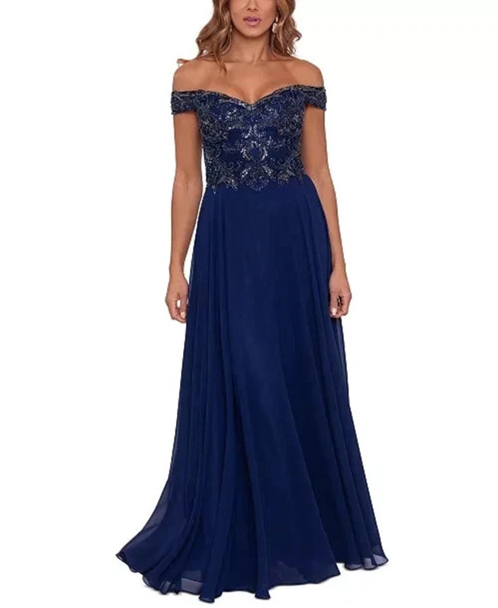 Xscape Goddess Ethereal Navy Off Shoulder Beaded Evening Chiffon Gown Flowy 8P